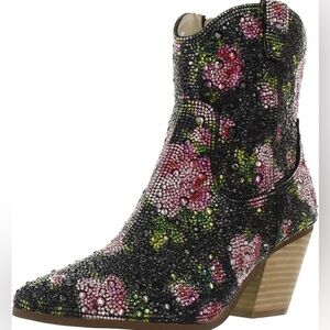Betsy Johnson Black Floral Diva Western Embellished Ankle Boots
